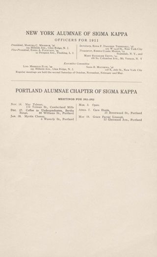 New York Alumnae of Sigma Kappa Advertisement, May 1912