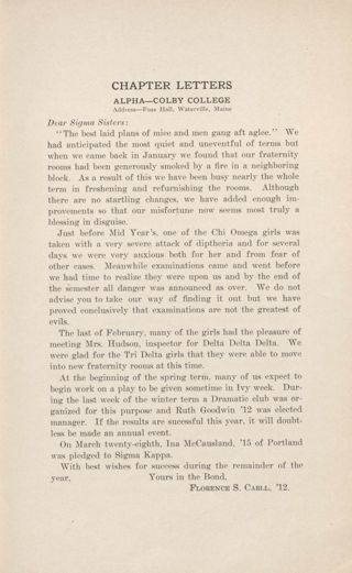 Chapter Letters: Alpha - Colby College, May 1912