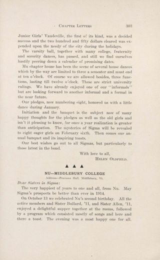 With Our Active Chapters: Chapter Letters: Nu - Middlebury College, March 1914