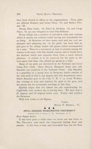 With Our Active Chapters: Chapter Letters: Zeta - George Washington University, March 1914