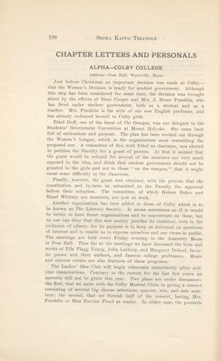 With Our Active Chapters: Chapter Letters and Personals: Alpha - Colby College, March 1917