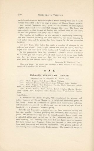 With Our Active Chapters: Chapter Letters and Personals: Iota - University of Denver, March 1917