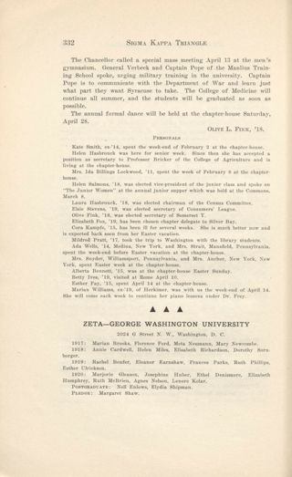 With Our Active Chapters: Chapter Letters and Personals: Zeta - George Washington University, June 1917