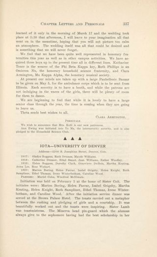 With Our Active Chapters: Chapter Letters and Personals: Iota - University of Denver, June 1917