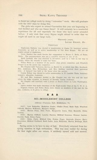 With Our Active Chapters: Chapter Letters and Personals: Nu - Middlebury College, June 1917