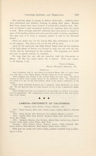 With Our Active Chapters: Chapter Letters and Personals: Lambda - University of California, June 1917