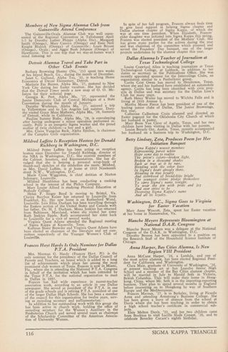 With Sigmas Everywhere: Detroit Alumnae Travel and Take Part in Other Club Events; With Sigmas Everywhere: Mildred Laffitte Is Reception Hostess for Donald Richberg in Washington, D.C.; With Sigmas Everywhere: Frances Hoyt Hardy Is Only Nominee for Dallas P.T.A. President; With Sigmas Everywhere: Dallas Alumna Is Teacher of Journalism at Texas Technological College; With Sigmas Everywhere: Betty Lindsay, Zeta, Produces Poem for Her Initiation Banquet; With Sigmas Everywhere: Washington, D.C., Sigma Goes to Virginia for Easter Vacation; With Sigmas Everywhere: Blanche Meyers Represents Bloomington at National D.A.R. Congress; With Sigmas Everywhere: Anna Harper, Bay Cities Alumna, Is New Region VIII President