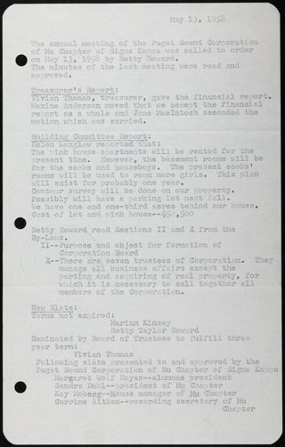 Puget Sound Association of Sigma Kappa Annual Meeting Minutes, May 13, 1958