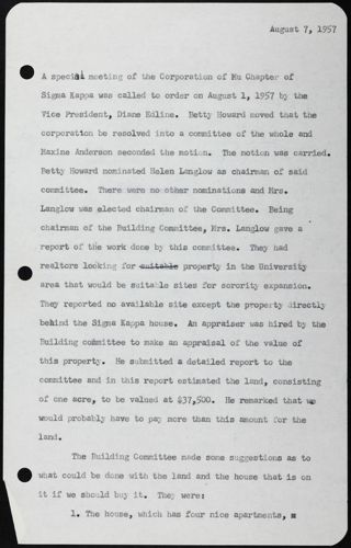 Puget Sound Association of Sigma Kappa Meeting Minutes, August 7, 1957