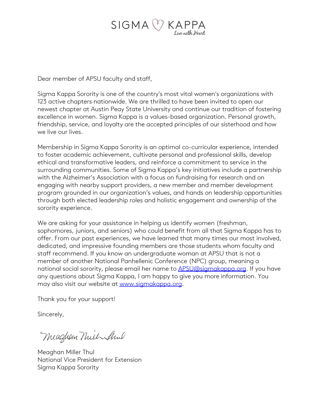 Meaghan Miller Thul to Member of APSU Faculty and Staff Letter, Fall 2017