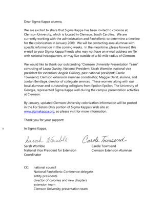 Sarah Womble and Carole Townsend to Sigma Kappa Alumna Letter, Fall 2008