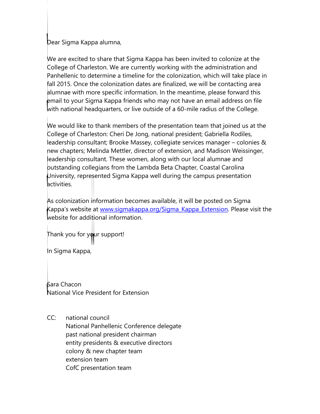 Sara Chacon to Sigma Kappa Alumna Letter, Spring 2015