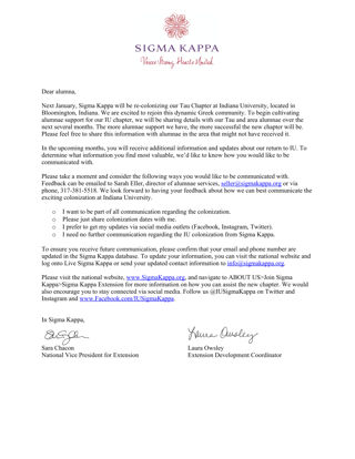 Sara Chacon and Laura Owsley to Alumna Letter, May 2015