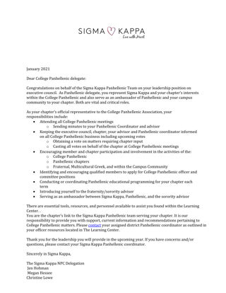 The Sigma Kappa NPC Delegation to College Panhellenic Delegate Letter, October 2020