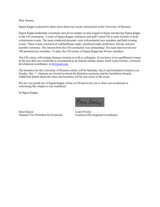 Sara Chacon and Laura Owsley to Alumna Letter, Fall 2014