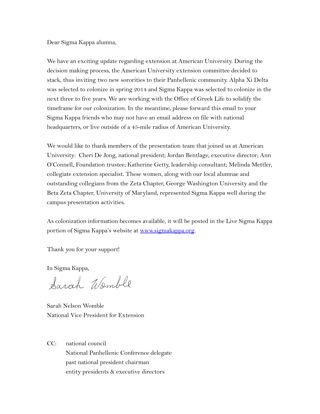 Sarah Nelson Womble to Sigma Kappa Alumna Letter, Spring 2013