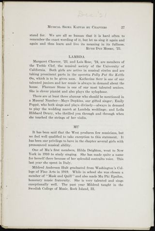 Musical Sigma Kappas by Chapters Magazine Clipping, December 1921