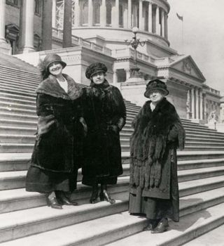 Alice Robertson (lower step) in front of the U.S. Capitol with two women elected in 1922