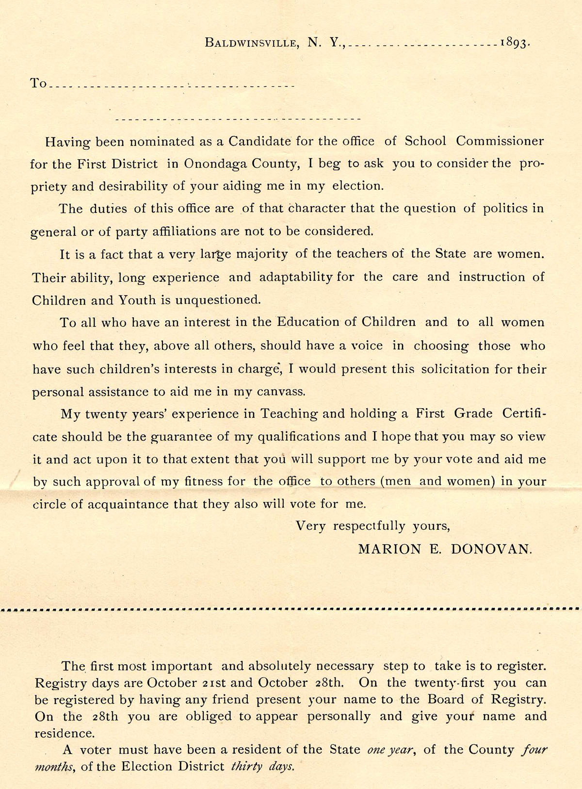 Campaign flyer for Marion E. Donovan