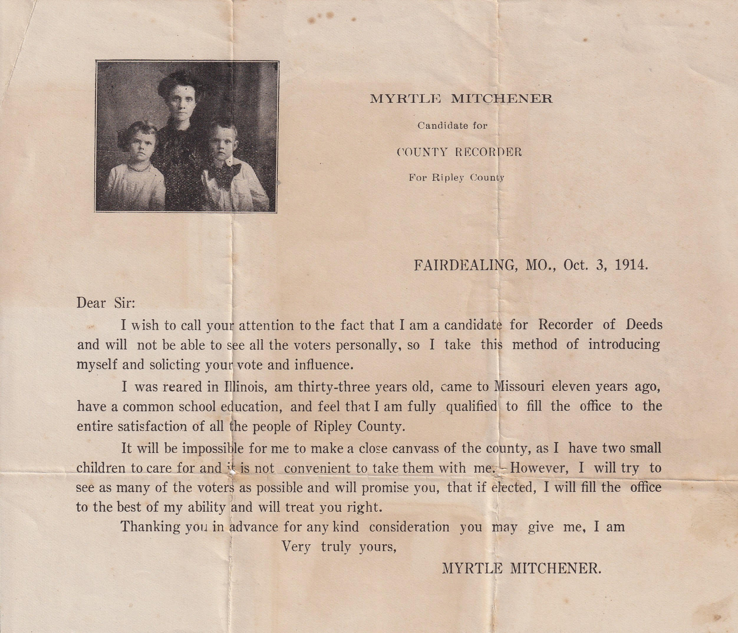 Myrtle Mitchener's Campaign for County Recorder of Deeds, 1914