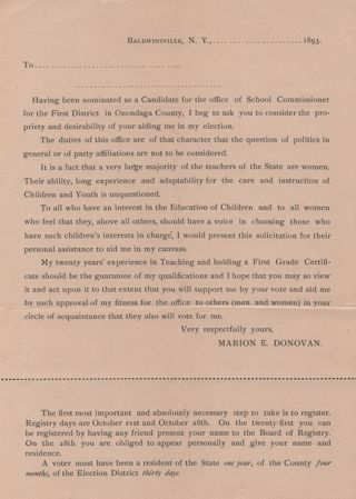 Marion E. Donovan's Campaign for School Commissioner, 1893
