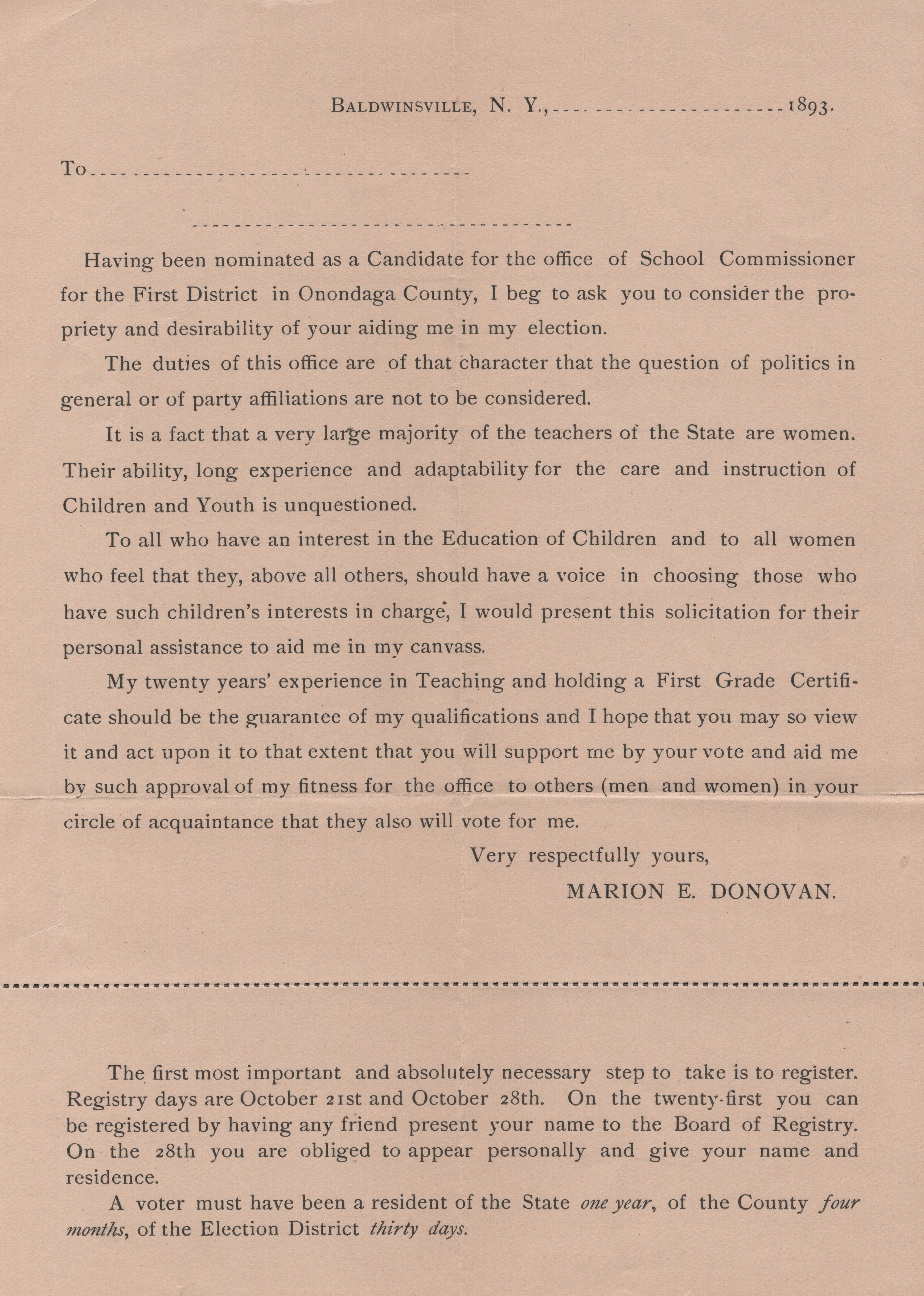 Marion E. Donovan's Campaign for School Commissioner, 1893