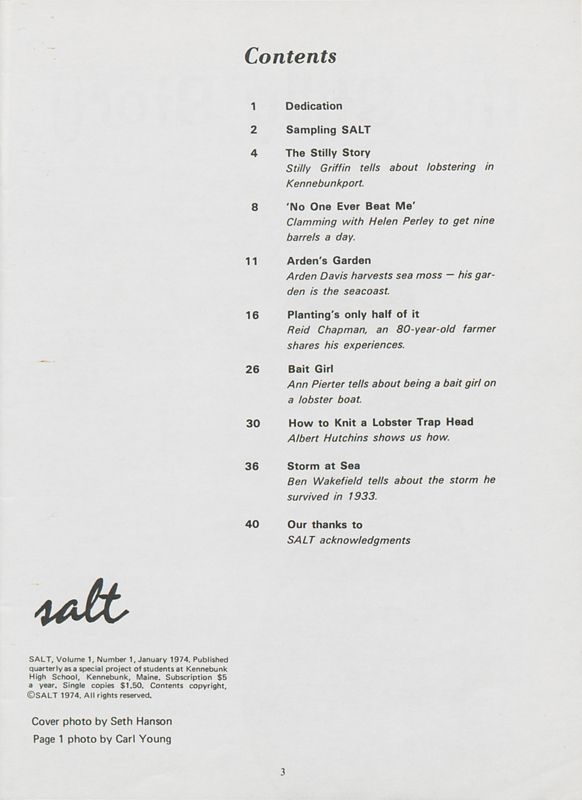 January 1974 Salt Magazine, Table of Contents