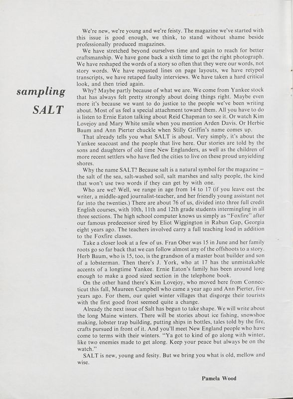 January 1974 Salt Magazine, Introduction