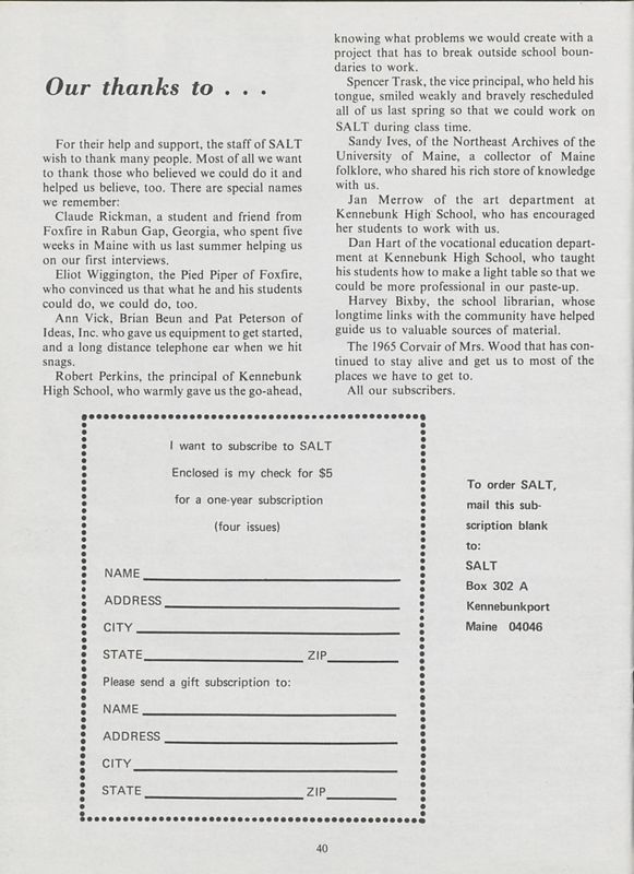 January 1974 Salt Magazine, Thank You Page