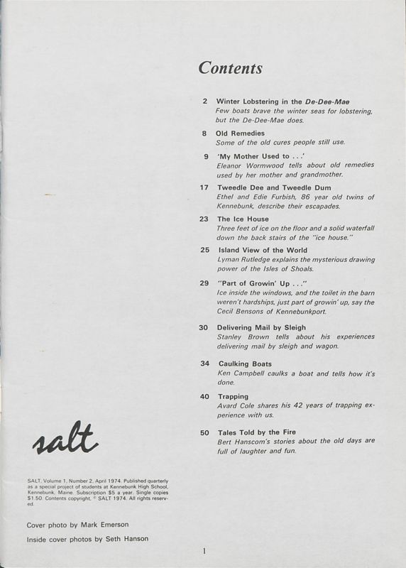 April 1974 Salt Magazine, Table of Contents