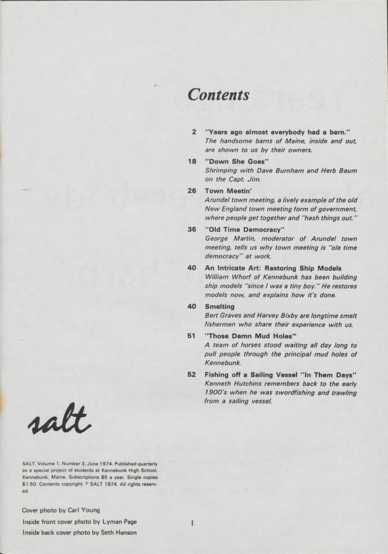 June 1974 Salt Magazine, Table of Contents