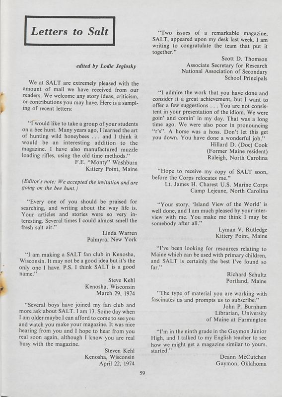 June 1974 Salt Magazine, Letters