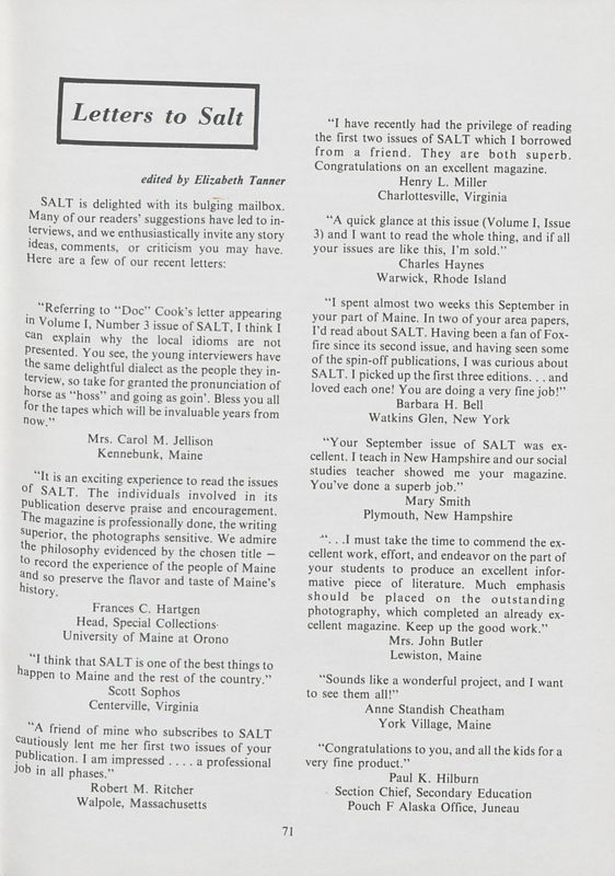 November 1974 Salt Magazine, Letters