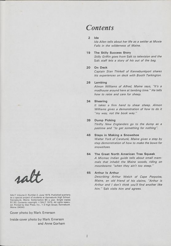June 1975 Salt Magazine, Table of Contents