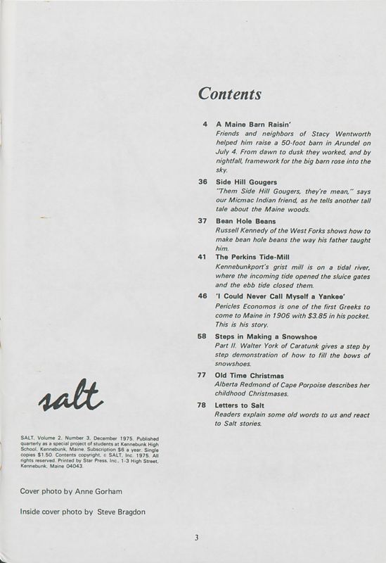 December 1975 Salt Magazine, Table of Contents