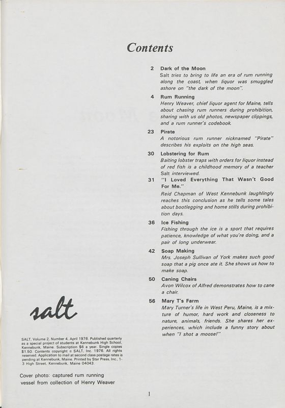April 1976 Salt Magazine, Table of Contents