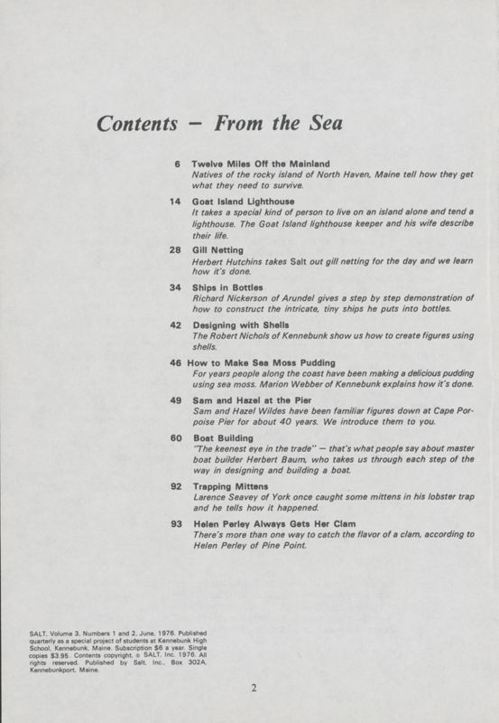 June 1976 Bicentennial Salt Magazine, Table of Contents