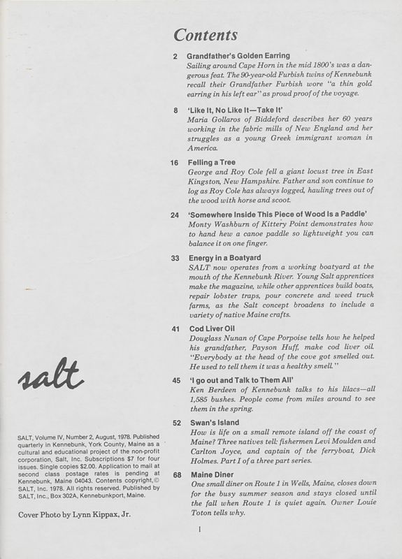 August 1978 Salt Magazine, Table of Contents