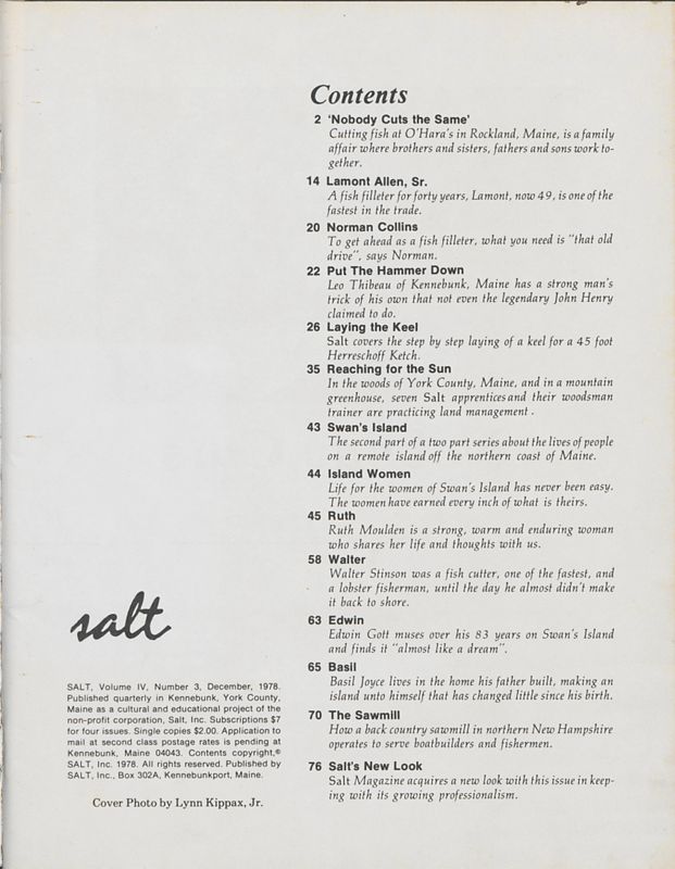 December 1978 Salt Magazine, Table of Contents