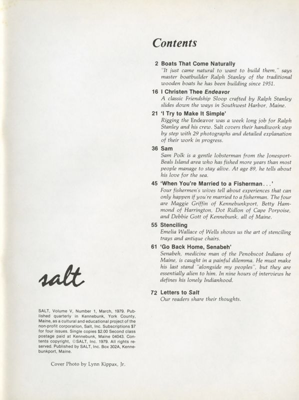 August 1979 Salt Magazine, Table of Contents