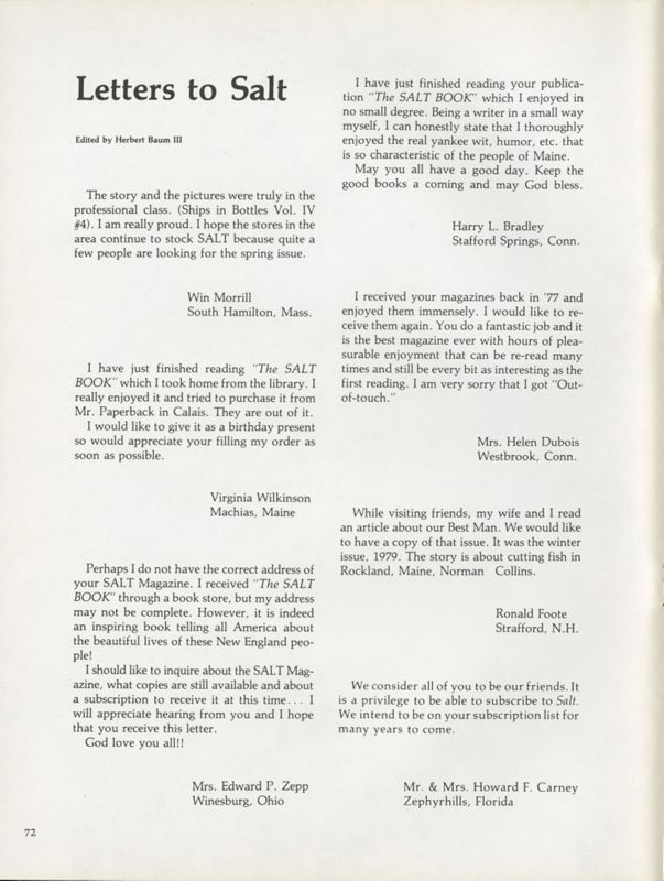 August 1979 Salt Magazine, Letters