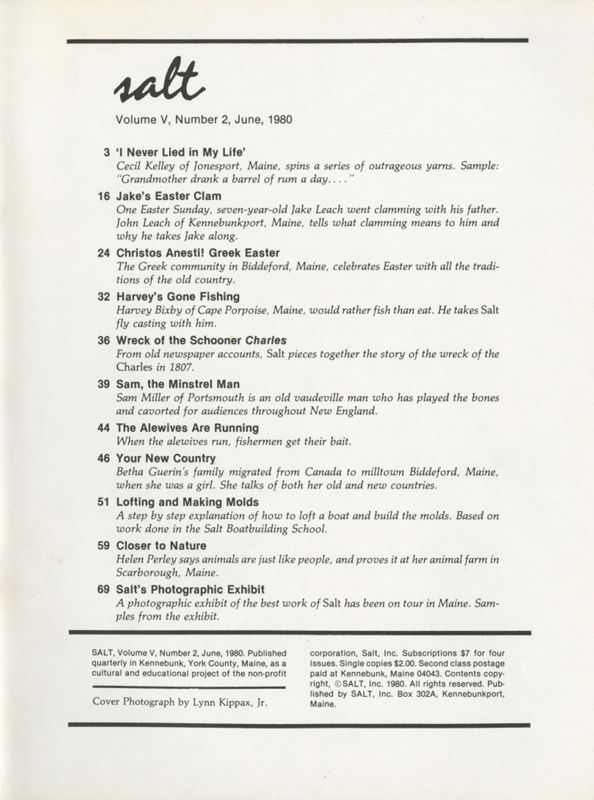June 1980 Salt Magazine, Table of Contents