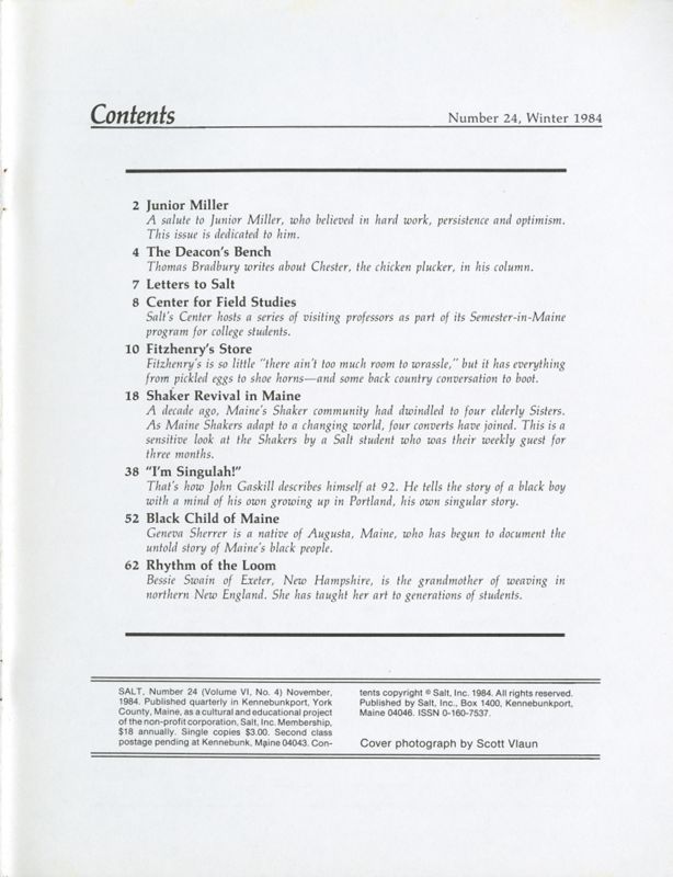 November 1984 Salt Magazine, Table of Contents