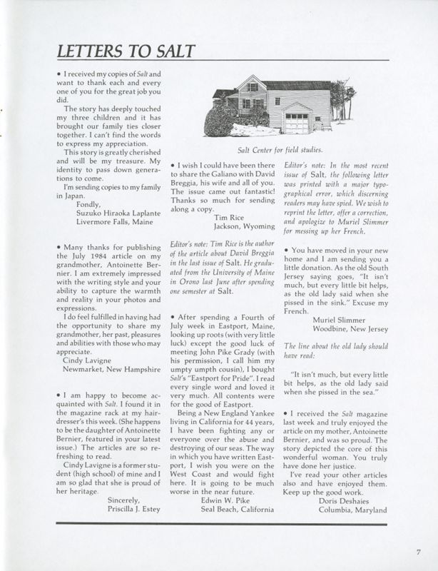 November 1984 Salt Magazine, Letters