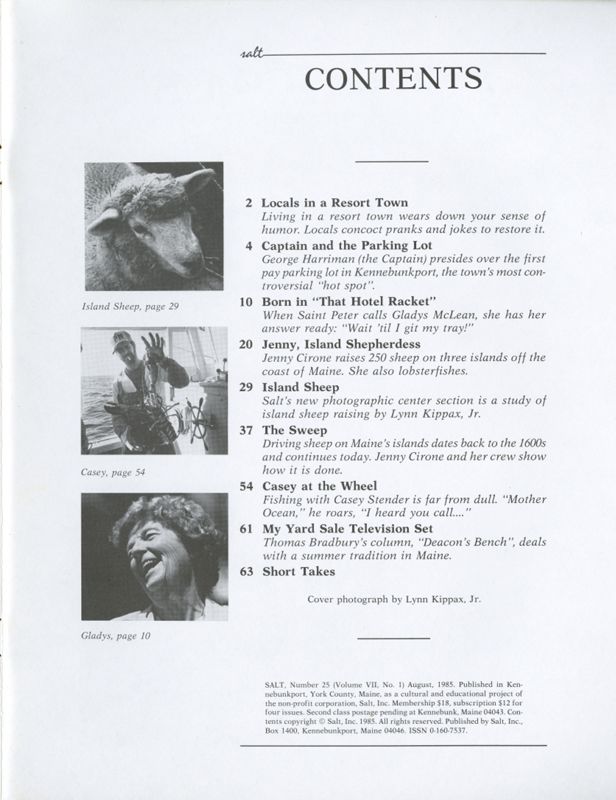 August 1985 Salt Magazine, Table of Contents
