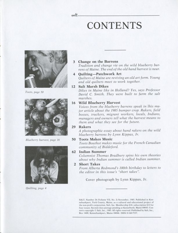 November 1985 Salt Magazine, Table of Contents