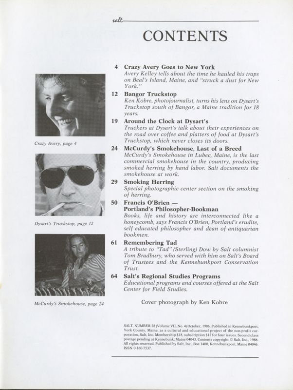October 1986 Salt Magazine, Table of Contents