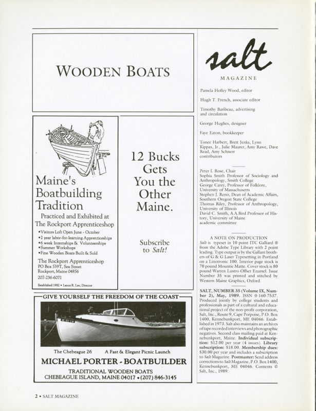 May 1989 Salt Magazine, Masthead