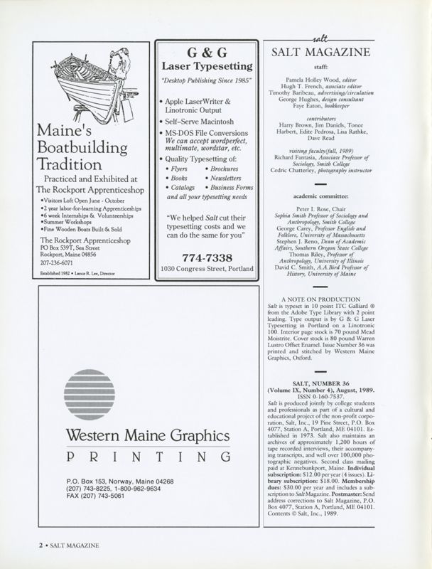 August 1989 Salt Magazine, Masthead
