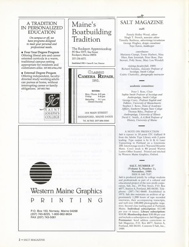 November 1989 Salt Magazine, Masthead